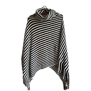 Womens Sweater Poncho‎ Turtleneck Pullover Fringe Trim Striped Knit Black White
